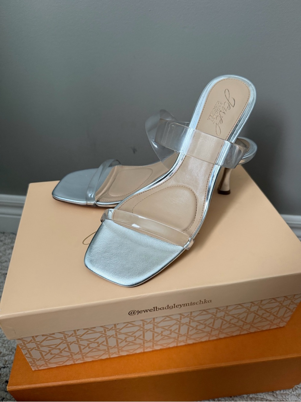 Badgley Mischka Silver PVC Strap Mid-Heel Sandals